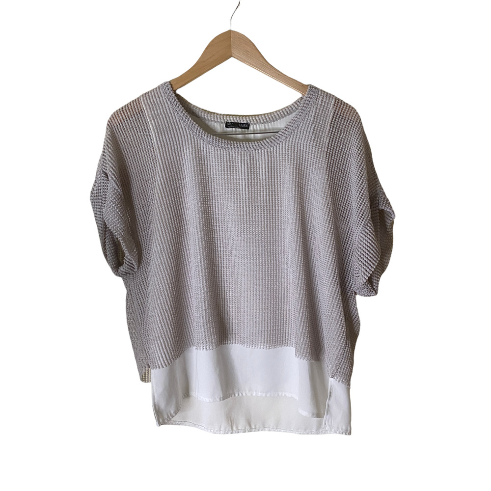 Zara W Collection Women Gray Knitted Top Small Neutral Cuffed Oversized Layered